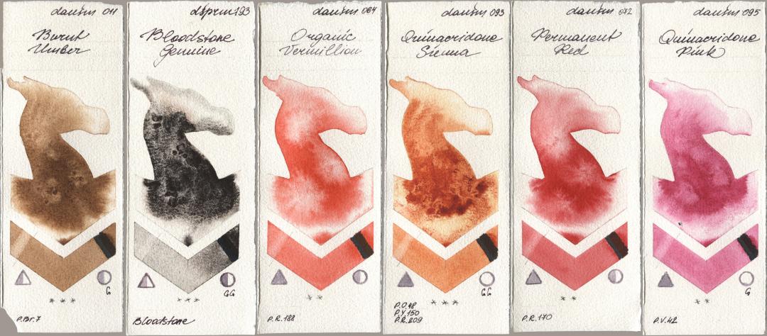 Daniel Smith 011 Burnt Umber, 193 Bloodstone Genuine, 064 Organic Vermilion, 093 Quinacridone Sienna, 072 Permanent Red, 095 Quinacridone Pi watercolor swatch