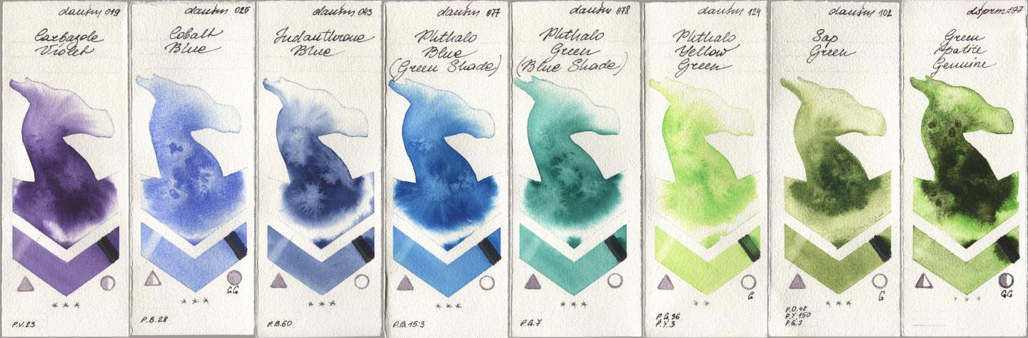 Daniel Smith 019 Carbazole Violet, 025 Cobalt Blue, 043 Indanthrone Blue, 077 Phthalo Blue (Green Shade), 078 Phthalo Green (Blue Shade), 124 Phthalo Yellow Green, 102 Sap Green, 197 Green Apatite Genui watercolor swatch