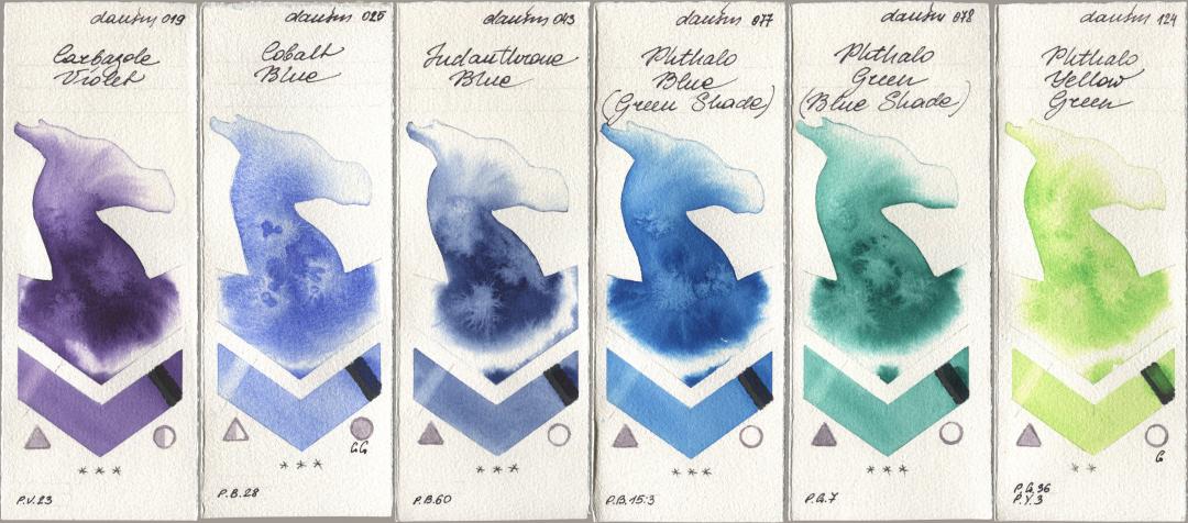 Daniel Smith 019 Carbazole Violet, 025 Cobalt Blue, 043 Indanthrone Blue, 077 Phthalo Blue (Green Shade), 078 Phthalo Green (Blue Shade), 124 Phthalo Yellow Gre watercolor swatch