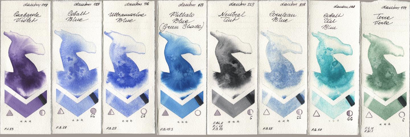Daniel Smith 019 Carbazole Violet, 025 Cobalt Blue, 106 Ultramarine Blue, 077 Phthalo Blue (Green Shade), 229 Neutral Tint, 206 Cerulean Blue, 028 Cobalt Teal Blue, 104 Terre Ver watercolor swatch