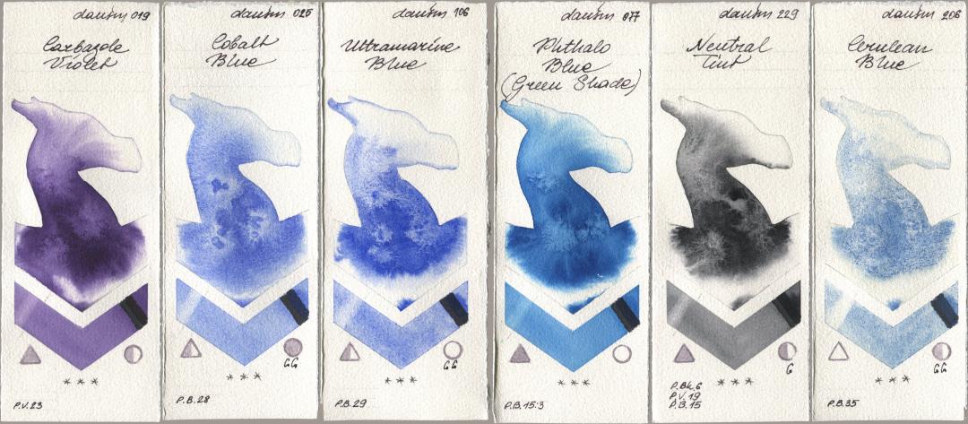 Daniel Smith 019 Carbazole Violet, 025 Cobalt Blue, 106 Ultramarine Blue, 077 Phthalo Blue (Green Shade), 229 Neutral Tint, 206 Cerulean Bl watercolor swatch
