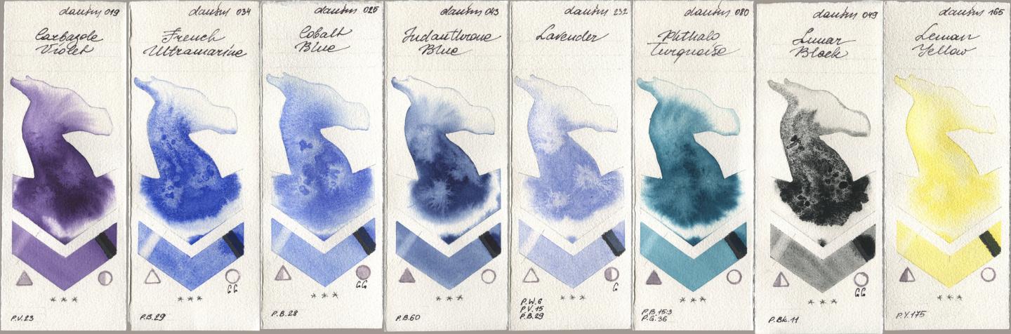 Daniel Smith 019 Carbazole Violet, 034 French Ultramarine, 025 Cobalt Blue, 043 Indanthrone Blue, 232 Lavender, 080 Phthalo Turquoise, 049 Lunar Black, 165 Lemon Yell watercolor swatch