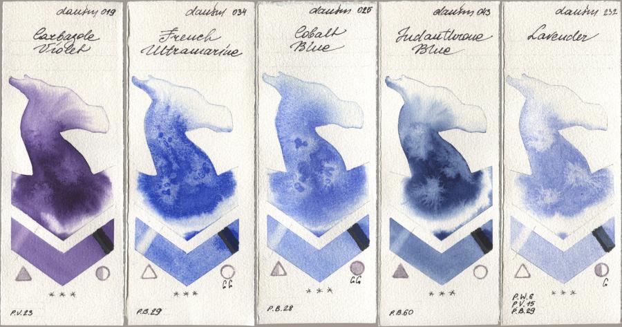 Daniel Smith 019 Carbazole Violet, 034 French Ultramarine, 025 Cobalt Blue, 043 Indanthrone Blue, 232 Lavend watercolor swatch