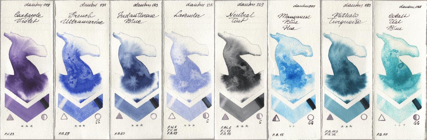 Daniel Smith 019 Carbazole Violet, 034 French Ultramarine, 043 Indanthrone Blue, 232 Lavender, 229 Neutral Tint, 051 Manganese Blue Hue, 080 Phthalo Turquoise, 028 Cobalt Teal Bl watercolor swatch