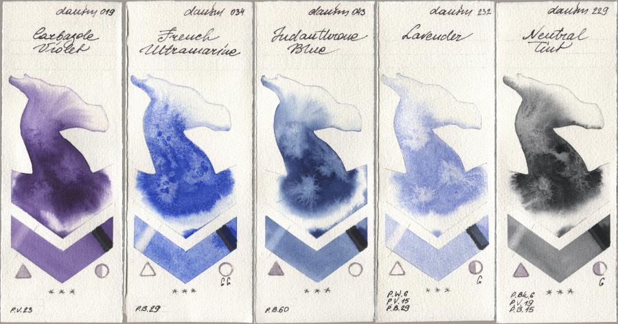 Daniel Smith 019 Carbazole Violet, 034 French Ultramarine, 043 Indanthrone Blue, 232 Lavender, 229 Neutral Ti watercolor swatch