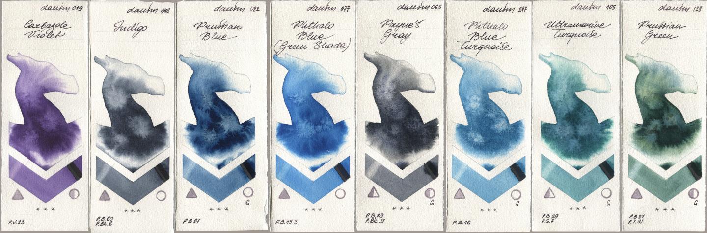 Daniel Smith 019 Carbazole Violet, 046 Indigo, 082 Prussian Blue, 077 Phthalo Blue (Green Shade), 065 Paynes Gray, 247 Phthalo Blue Turquoise, 105 Ultramarine Turquoise, 128 Prussian Gre watercolor swatch