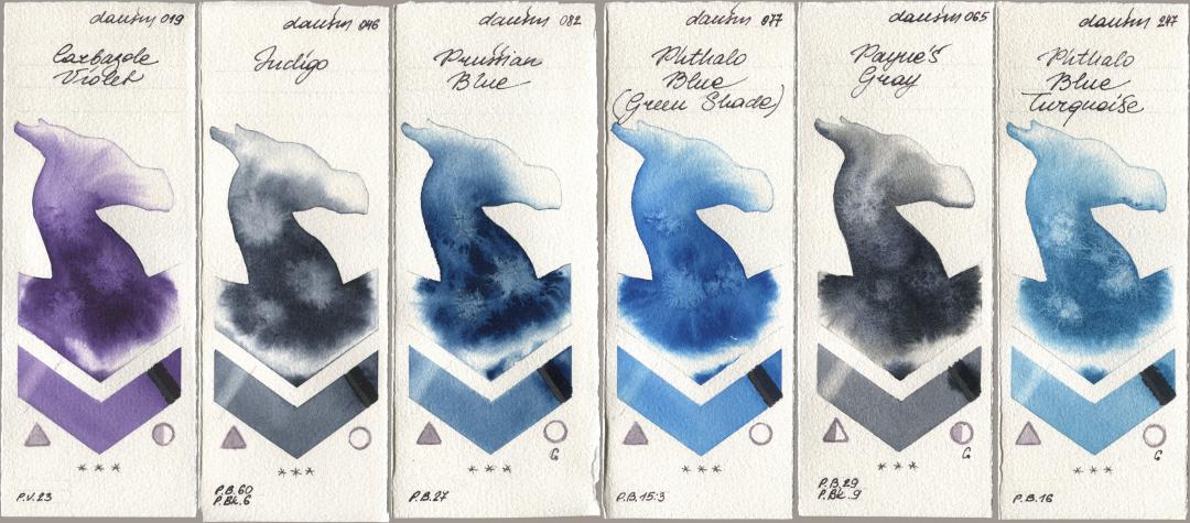 Daniel Smith 019 Carbazole Violet, 046 Indigo, 082 Prussian Blue, 077 Phthalo Blue (Green Shade), 065 Paynes Gray, 247 Phthalo Blue Turquoi watercolor swatch