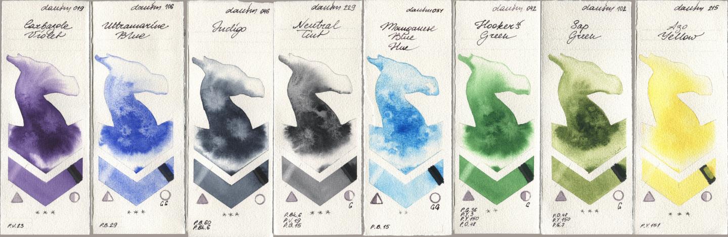 Daniel Smith 019 Carbazole Violet, 106 Ultramarine Blue, 046 Indigo, 229 Neutral Tint, 051 Manganese Blue Hue, 042 Hookers Green, 102 Sap Green, 215 Azo Yell watercolor swatch