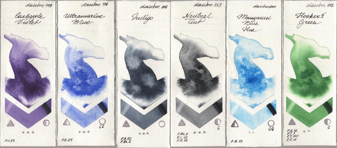 Daniel Smith 019 Carbazole Violet, 106 Ultramarine Blue, 046 Indigo, 229 Neutral Tint, 051 Manganese Blue Hue, 042 Hookers Gre watercolor swatch