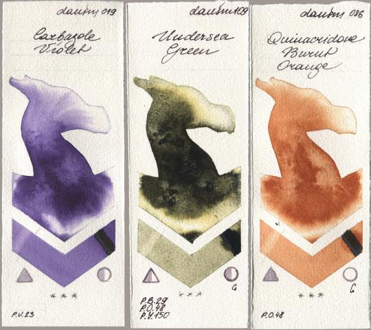 Daniel Smith 019 Carbazole Violet, 109 Undersea Green, 086 Quinacridone Burnt Oran watercolor swatch
