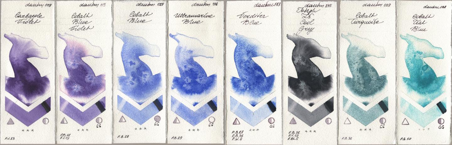 Daniel Smith 019 Carbazole Violet, 115 Cobalt Blue Violet, 025 Cobalt Blue, 106 Ultramarine Blue, 173 Verditer Blue, 245 Joseph Zs Cool Grey, 029 Cobalt Turquoise, 028 Cobalt Teal Bl watercolor swatch