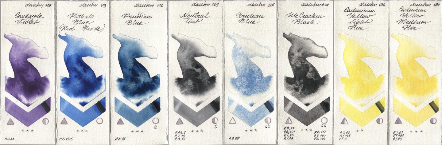 Daniel Smith 019 Carbazole Violet, 119 Phthalo Blue (Red Shade), 082 Prussian Blue, 229 Neutral Tint, 206 Cerulean Blue, 248 McCracken Black, 192 Cadmium Yellow Light Hue, 184 Cadmium Yellow Medium H watercolor swatch
