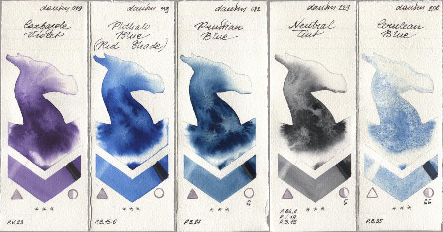 Daniel Smith 019 Carbazole Violet, 119 Phthalo Blue (Red Shade), 082 Prussian Blue, 229 Neutral Tint, 206 Cerulean Bl watercolor swatch