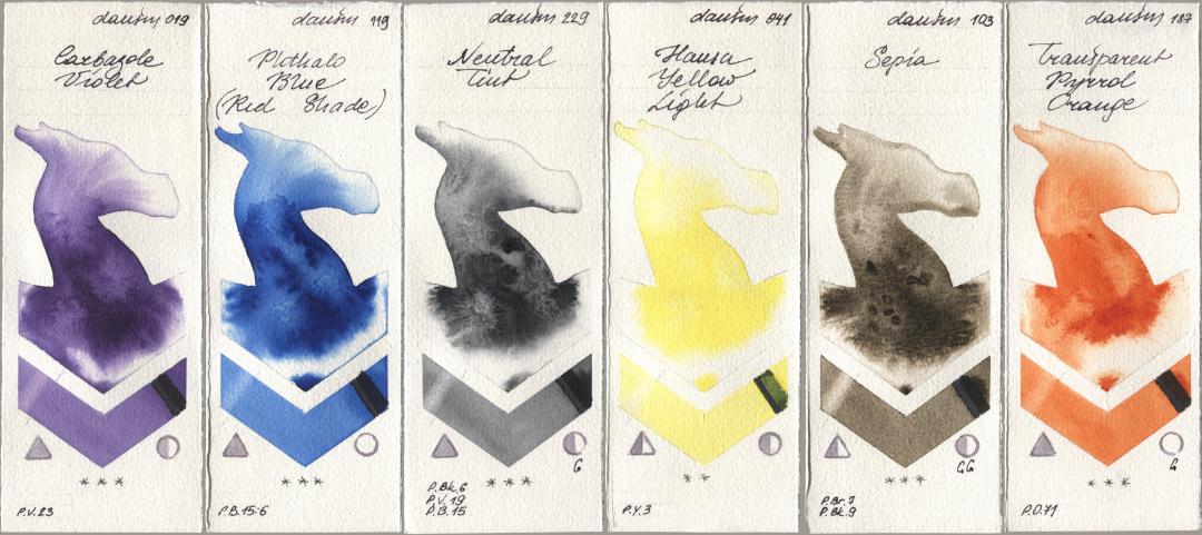 Daniel Smith 019 Carbazole Violet, 119 Phthalo Blue (Red Shade), 229 Neutral Tint, 041 Hansa Yellow Light, 103 Sepia, 187 Transparent Pyrrol Oran watercolor swatch
