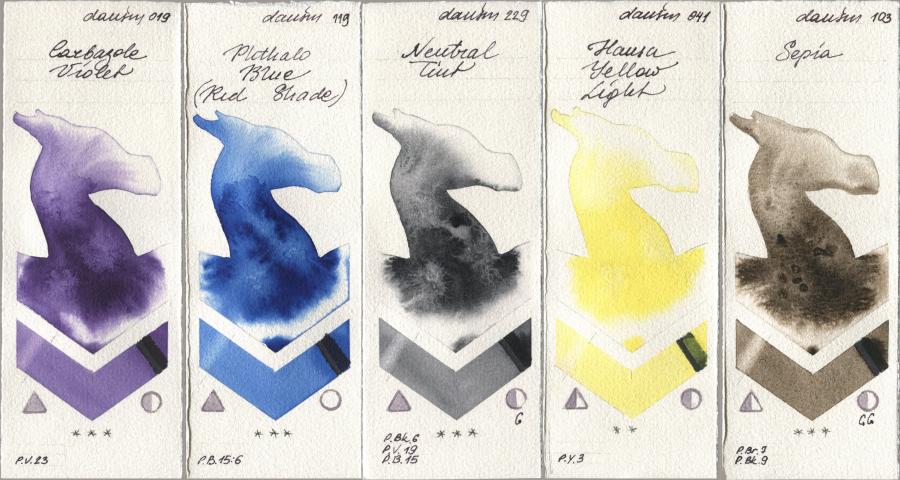 Daniel Smith 019 Carbazole Violet, 119 Phthalo Blue (Red Shade), 229 Neutral Tint, 041 Hansa Yellow Light, 103 Sep watercolor swatch