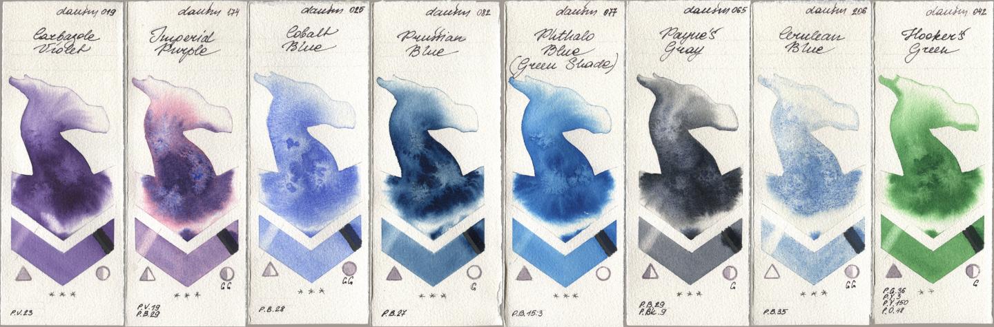 Daniel Smith 019 Carbazole Violet, 174 Imperial Purple, 025 Cobalt Blue, 082 Prussian Blue, 077 Phthalo Blue (Green Shade), 065 Paynes Gray, 206 Cerulean Blue, 042 Hookers Gre watercolor swatch