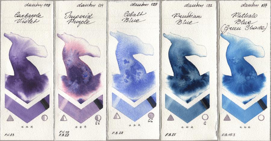Daniel Smith 019 Carbazole Violet, 174 Imperial Purple, 025 Cobalt Blue, 082 Prussian Blue, 077 Phthalo Blue (Green Shad watercolor swatch