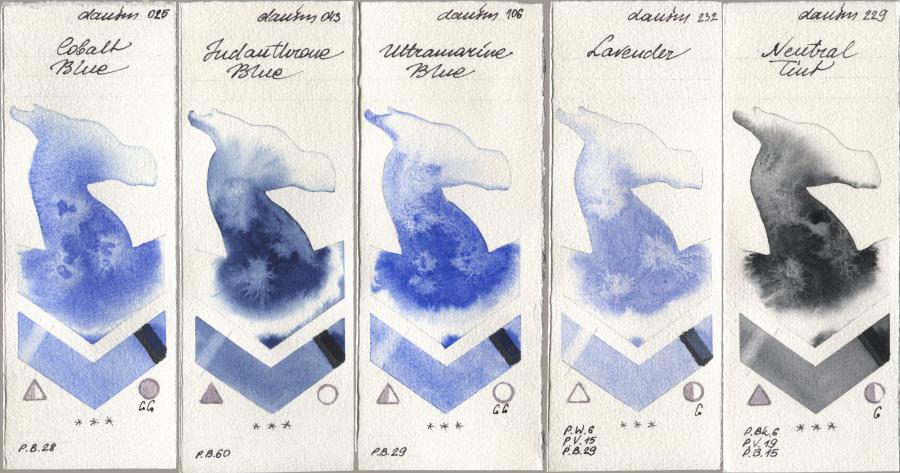 Daniel Smith 025 Cobalt Blue, 043 Indanthrone Blue, 106 Ultramarine Blue, 232 Lavender, 229 Neutral Ti watercolor swatch