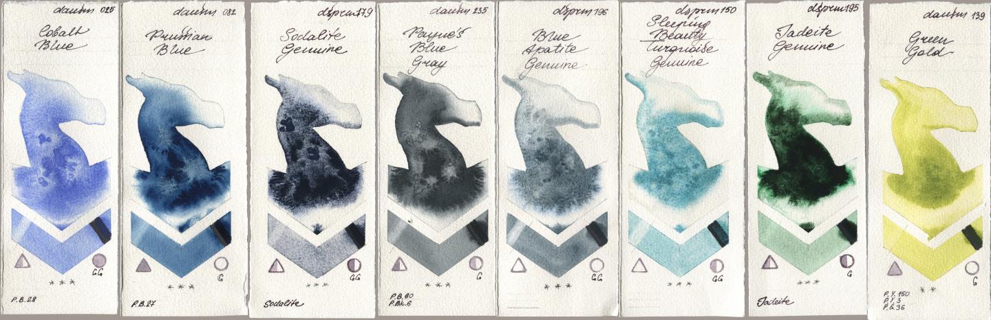 Daniel Smith 025 Cobalt Blue, 082 Prussian Blue, 179 Sodalite Genuine, 235 Paynes Blue Gray, 196 Blue Apatite Genuine, 150 Sleeping Beauty Turquoise Genuine, 195 Jadeite Genuine, 139 Green Go watercolor swatch