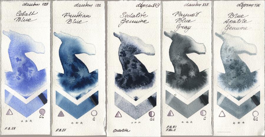 Daniel Smith 025 Cobalt Blue, 082 Prussian Blue, 179 Sodalite Genuine, 235 Paynes Blue Gray, 196 Blue Apatite Genui watercolor swatch