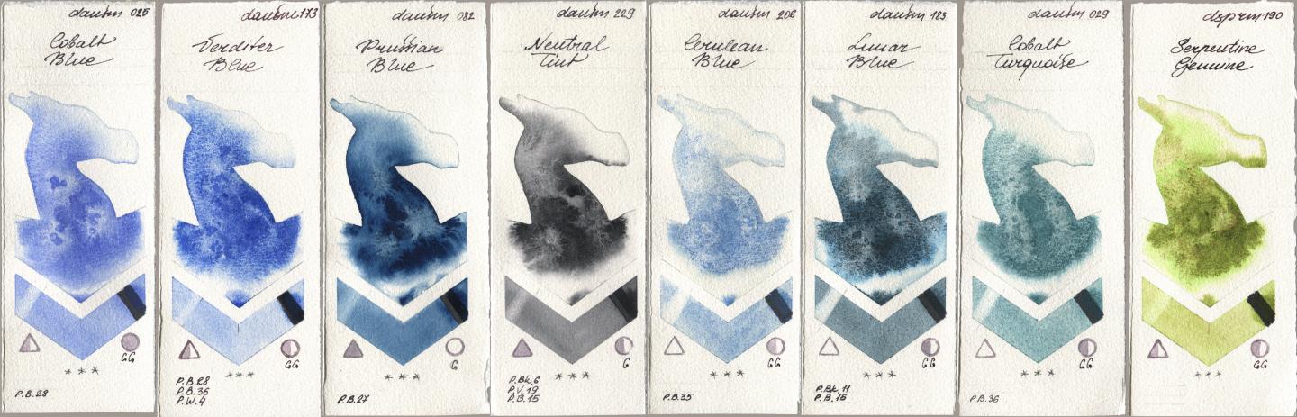 Daniel Smith 025 Cobalt Blue, 173 Verditer Blue, 082 Prussian Blue, 229 Neutral Tint, 206 Cerulean Blue, 183 Lunar Blue, 029 Cobalt Turquoise, 190 Serpentine Genui watercolor swatch