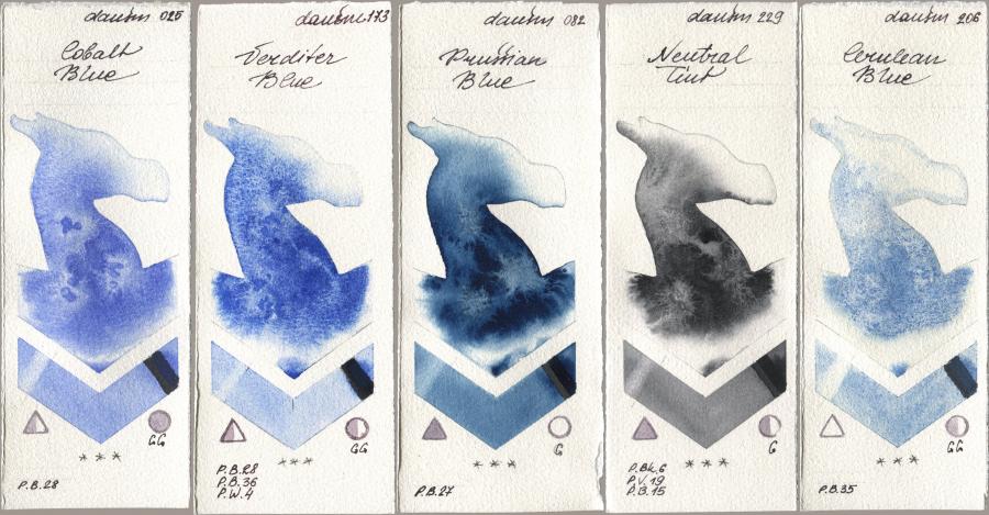 Daniel Smith 025 Cobalt Blue, 173 Verditer Blue, 082 Prussian Blue, 229 Neutral Tint, 206 Cerulean Bl watercolor swatch