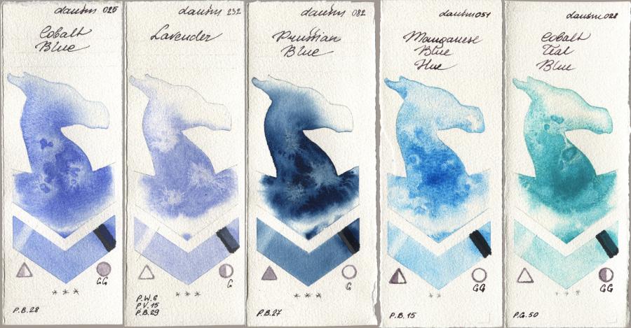 Daniel Smith 025 Cobalt Blue, 232 Lavender, 082 Prussian Blue, 051 Manganese Blue Hue, 028 Cobalt Teal Bl watercolor swatch