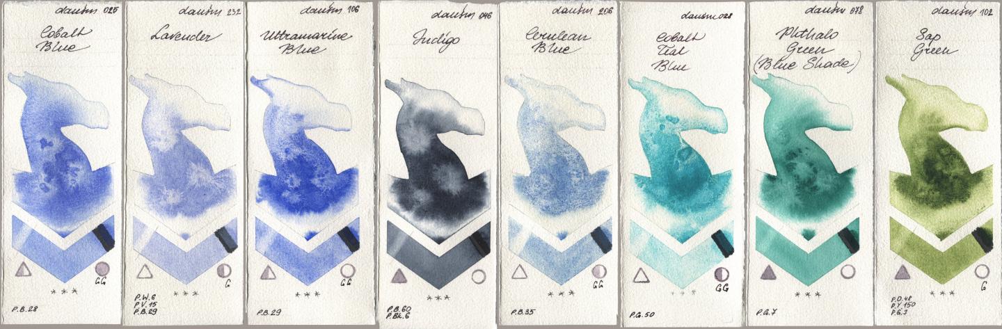 Daniel Smith 025 Cobalt Blue, 232 Lavender, 106 Ultramarine Blue, 046 Indigo, 206 Cerulean Blue, 028 Cobalt Teal Blue, 078 Phthalo Green (Blue Shade), 102 Sap Gre watercolor swatch