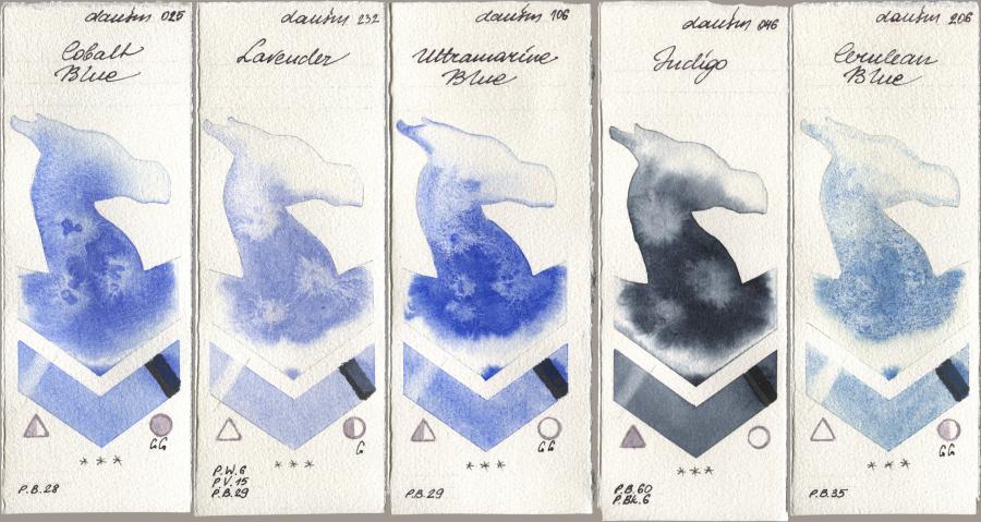 Daniel Smith 025 Cobalt Blue, 232 Lavender, 106 Ultramarine Blue, 046 Indigo, 206 Cerulean Bl watercolor swatch