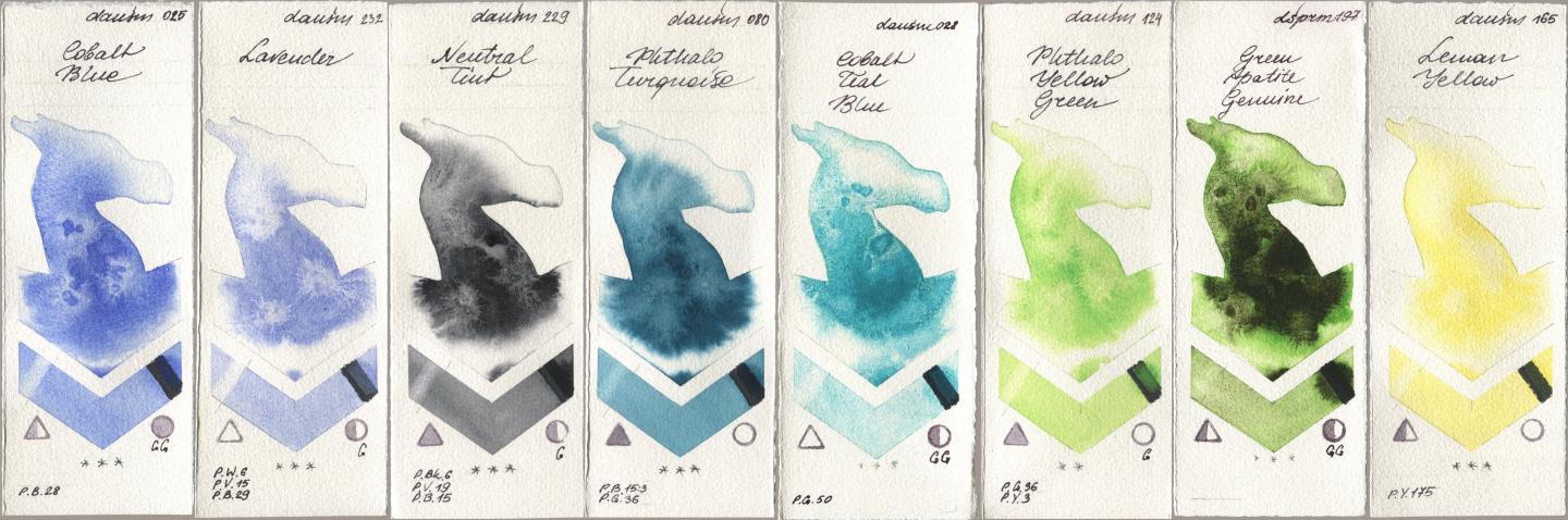 Daniel Smith 025 Cobalt Blue, 232 Lavender, 229 Neutral Tint, 080 Phthalo Turquoise, 028 Cobalt Teal Blue, 124 Phthalo Yellow Green, 197 Green Apatite Genuine, 165 Lemon Yell watercolor swatch