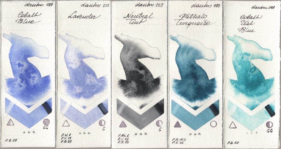 Daniel Smith 025 Cobalt Blue, 232 Lavender, 229 Neutral Tint, 080 Phthalo Turquoise, 028 Cobalt Teal Bl watercolor swatch