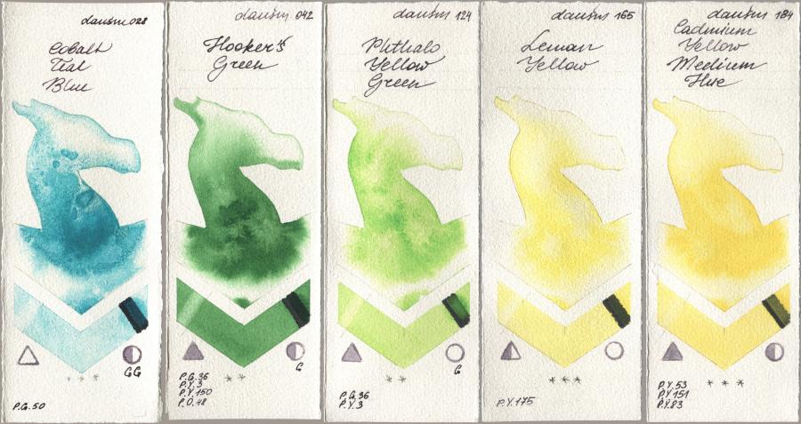 Daniel Smith 028 Cobalt Teal Blue, 042 Hookers Green, 124 Phthalo Yellow Green, 165 Lemon Yellow, 184 Cadmium Yellow Medium H watercolor swatch