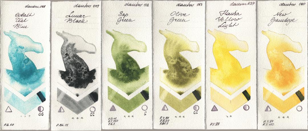 Daniel Smith 028 Cobalt Teal Blue, 049 Lunar Black, 102 Sap Green, 063 Olive Green, 039 Hansa Yellow Light, 060 New Gambo watercolor swatch