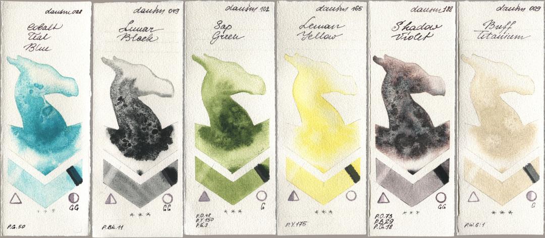Daniel Smith 028 Cobalt Teal Blue, 049 Lunar Black, 102 Sap Green, 165 Lemon Yellow, 188 Shadow Violet, 009 Buff Titani watercolor swatch