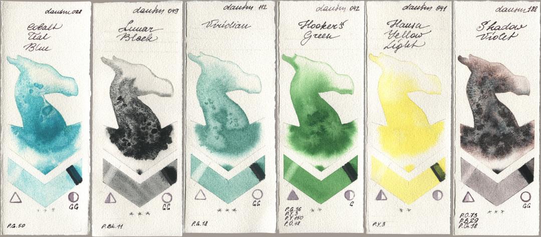 Daniel Smith 028 Cobalt Teal Blue, 049 Lunar Black, 112 Viridian, 042 Hookers Green, 041 Hansa Yellow Light, 188 Shadow Viol watercolor swatch