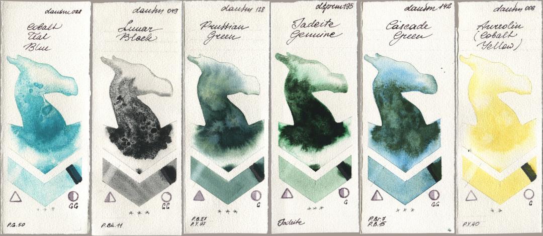 Daniel Smith 028 Cobalt Teal Blue, 049 Lunar Black, 128 Prussian Green, 195 Jadeite Genuine, 142 Cascade Green, 006 Aureolin (Cobalt Yello watercolor swatch