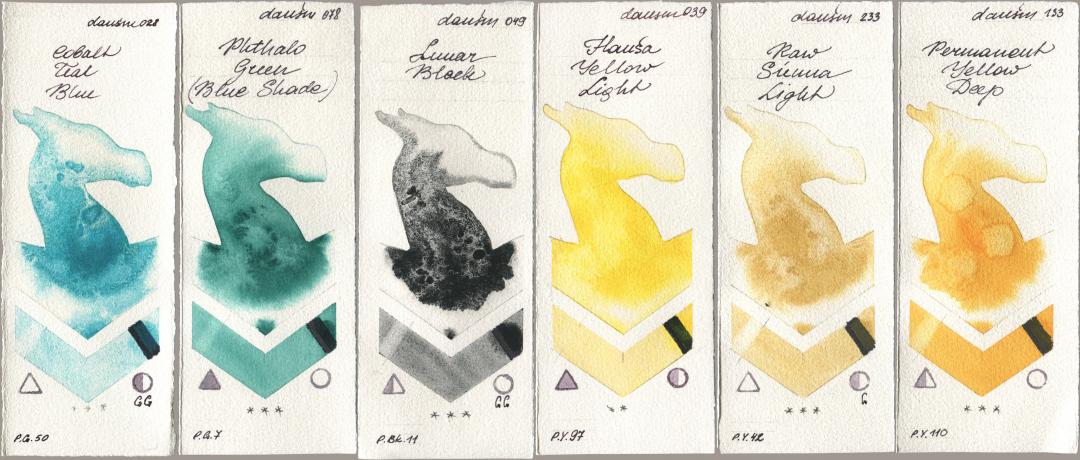 Daniel Smith 028 Cobalt Teal Blue, 078 Phthalo Green (Blue Shade), 049 Lunar Black, 039 Hansa Yellow Light, 233 Raw Sienna Light, 133 Permanent Yellow De watercolor swatch
