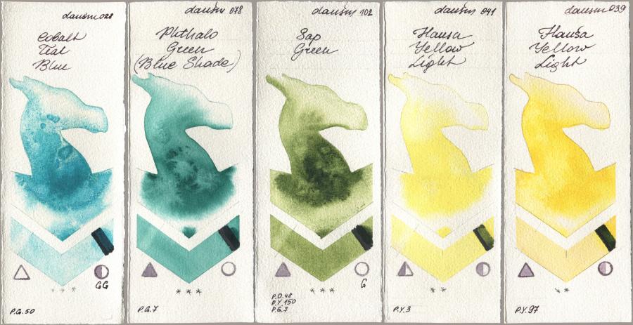 Daniel Smith 028 Cobalt Teal Blue, 078 Phthalo Green (Blue Shade), 102 Sap Green, 041 Hansa Yellow Light, 039 Hansa Yellow Lig watercolor swatch