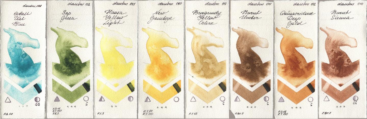 Daniel Smith 028 Cobalt Teal Blue, 102 Sap Green, 041 Hansa Yellow Light, 060 New Gamboge, 147 Burgundy Yellow Ochre, 011 Burnt Umber, 152 Quinacridone Deep Gold, 010 Burnt Sien watercolor swatch