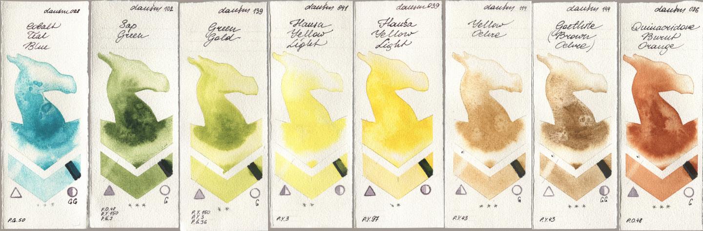 Daniel Smith 028 Cobalt Teal Blue, 102 Sap Green, 139 Green Gold, 041 Hansa Yellow Light, 039 Hansa Yellow Light, 114 Yellow Ochre, 144 Goethite (Brown Ochre), 086 Quinacridone Burnt Oran watercolor swatch