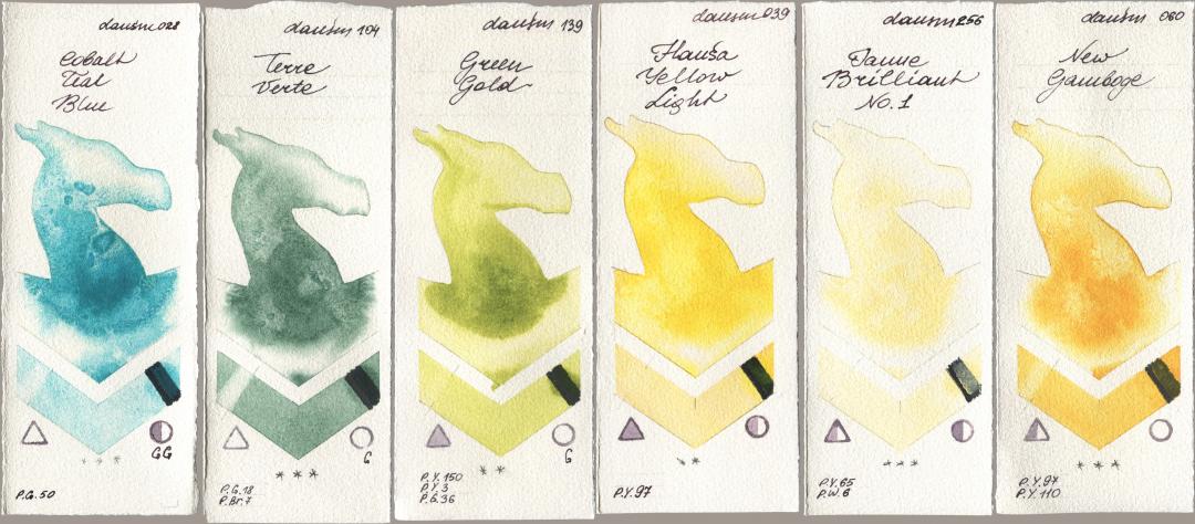 Daniel Smith 028 Cobalt Teal Blue, 104 Terre Verte, 139 Green Gold, 039 Hansa Yellow Light, 256 Jaune Brilliant No 1, 060 New Gambo watercolor swatch