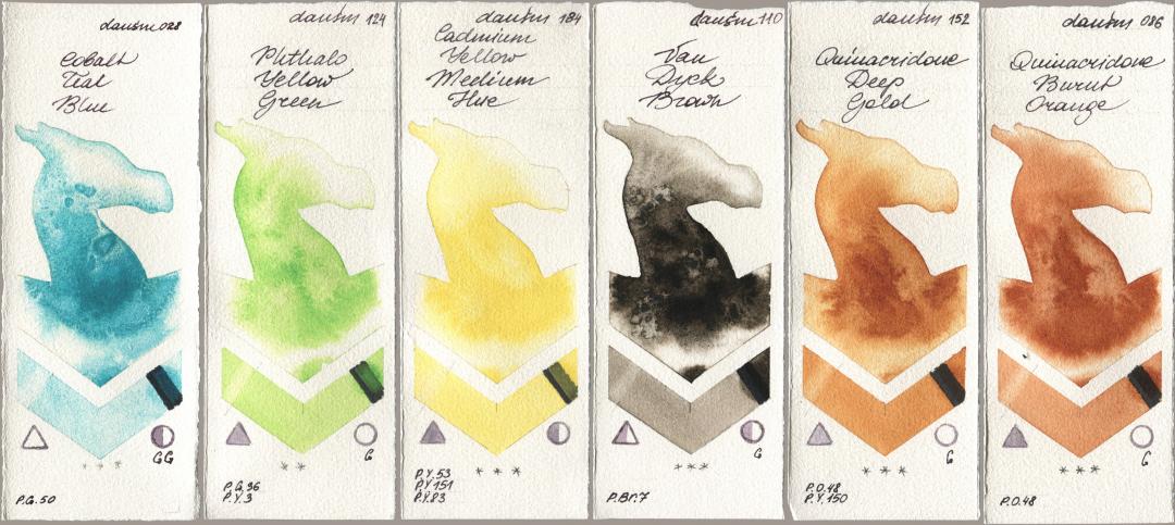 Daniel Smith 028 Cobalt Teal Blue, 124 Phthalo Yellow Green, 184 Cadmium Yellow Medium Hue, 110 Van Dyck Brown, 152 Quinacridone Deep Gold, 086 Quinacridone Burnt Oran watercolor swatch