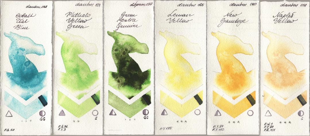 Daniel Smith 028 Cobalt Teal Blue, 124 Phthalo Yellow Green, 197 Green Apatite Genuine, 165 Lemon Yellow, 060 New Gamboge, 058 Naples Yell watercolor swatch