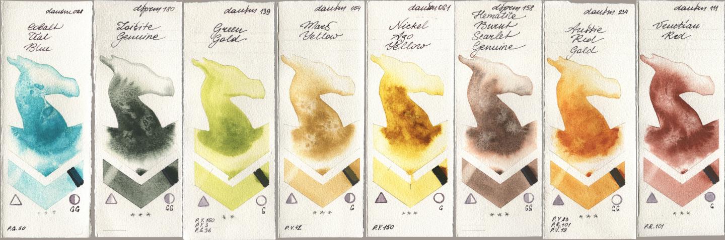 Daniel Smith 028 Cobalt Teal Blue, 180 Zoisite Genuine, 139 Green Gold, 054 Mars Yellow, 061 Nickel Azo Yellow, 158 Hematite Burnt Scarlet Genuine, 234 Aussie Red Gold, 111 Venetian R watercolor swatch