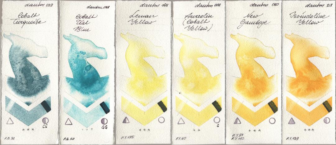Daniel Smith 029 Cobalt Turquoise, 028 Cobalt Teal Blue, 165 Lemon Yellow, 006 Aureolin (Cobalt Yellow), 060 New Gamboge, 218 Isoindoline Yell watercolor swatch