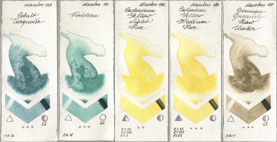 Daniel Smith 029 Cobalt Turquoise, 112 Viridian, 192 Cadmium Yellow Light Hue, 184 Cadmium Yellow Medium Hue, 121 German Greenish Raw Umb watercolor swatch