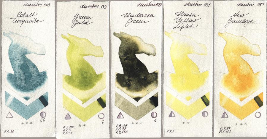 Daniel Smith 029 Cobalt Turquoise, 139 Green Gold, 109 Undersea Green, 041 Hansa Yellow Light, 060 New Gambo watercolor swatch