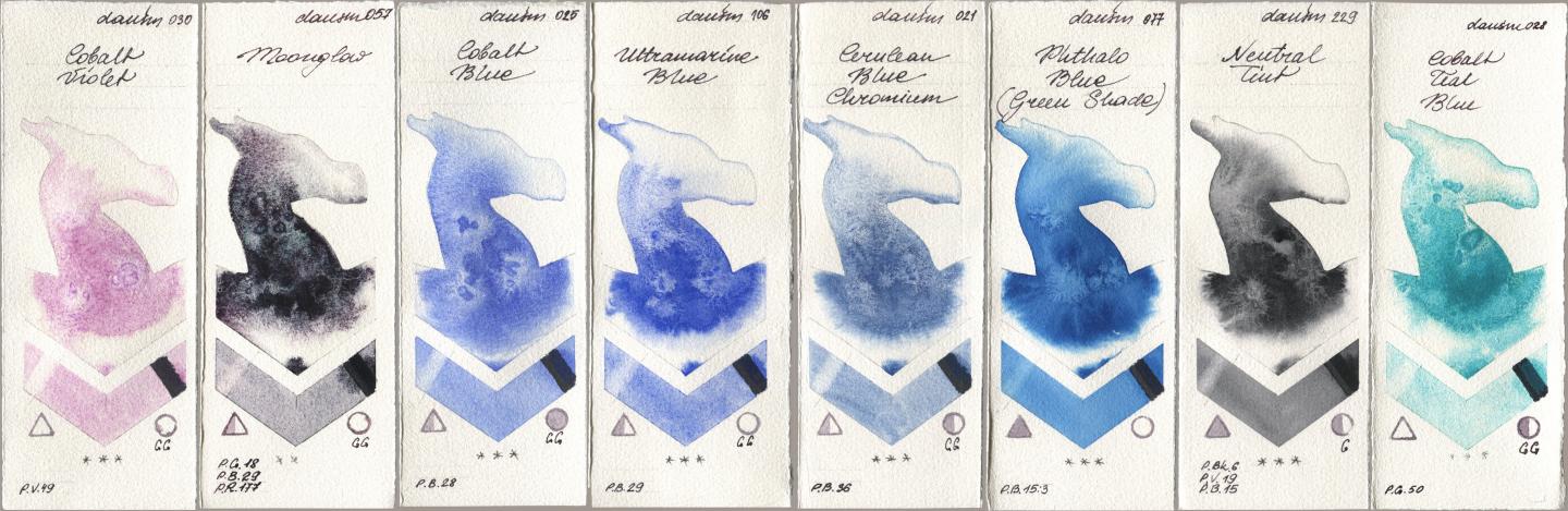 Daniel Smith 030 Cobalt Violet, 057 Moonglow, 025 Cobalt Blue, 106 Ultramarine Blue, 021 Cerulean Blue Chromium, 077 Phthalo Blue (Green Shade), 229 Neutral Tint, 028 Cobalt Teal Bl watercolor swatch