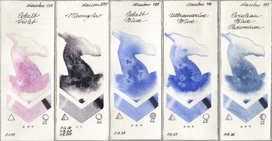 Daniel Smith 030 Cobalt Violet, 057 Moonglow, 025 Cobalt Blue, 106 Ultramarine Blue, 021 Cerulean Blue Chromi watercolor swatch