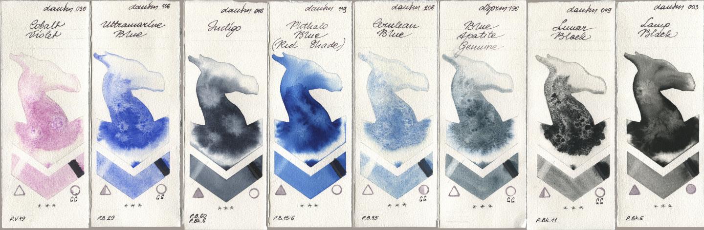 Daniel Smith 030 Cobalt Violet, 106 Ultramarine Blue, 046 Indigo, 119 Phthalo Blue (Red Shade), 206 Cerulean Blue, 196 Blue Apatite Genuine, 049 Lunar Black, 003 Lamp Bla watercolor swatch